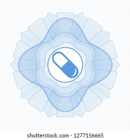 Light blue passport style rosette with pill icon inside