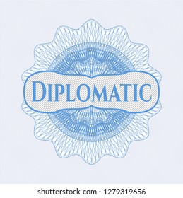 Light blue passport style rosette with text Diplomatic inside