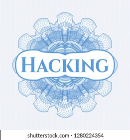 Light blue passport style rosette with text Hacking inside