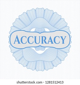 Light blue passport style rosette with text Accuracy inside