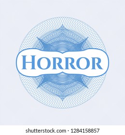 Light blue passport style rosette with text Horror inside