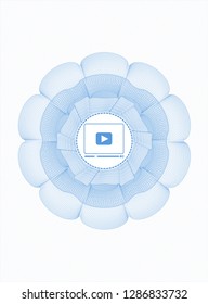 Light blue passport style rosette with video player icon inside