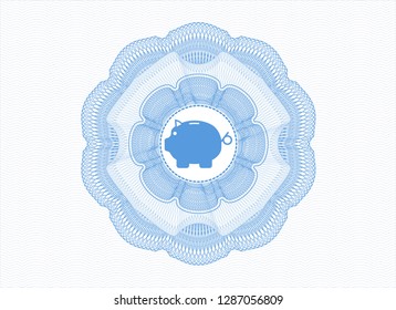 Light blue passport style rosette with piggy bank icon inside