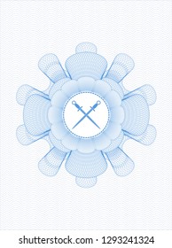 Light blue passport style rosette with crossed swords icon inside