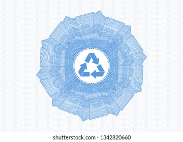 Light blue passport style rosette with recycle icon inside