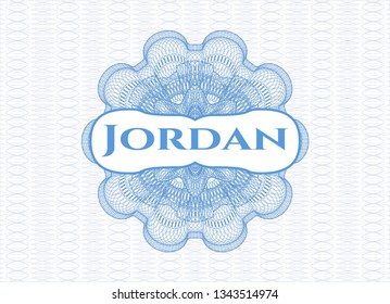 Light blue passport style rosette with text Jordan inside
