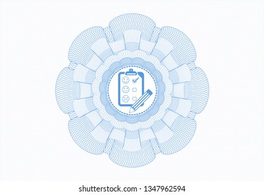 Light blue passport style rosette with customer feedback icon inside