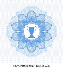 Light blue passport style rosette with trophy icon inside