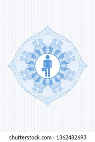 Light blue passport style rosette with businessman holding briefcase icon inside