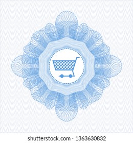 Light blue passport style rosette with shopping cart icon inside