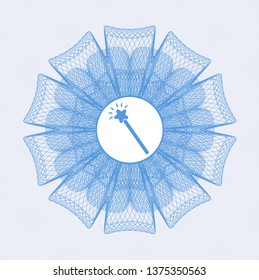 Light blue passport style rosette with magic stick icon inside