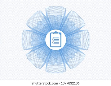 Light blue passport style rosette with list icon inside
