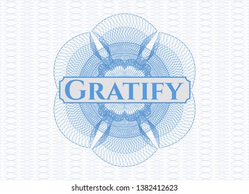 Light blue passport style rosette with text Gratify inside