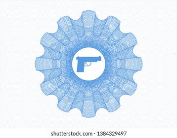 Light blue passport style rosette with pistol icon inside