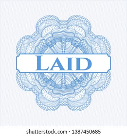 Light blue passport style rosette with text Laid inside