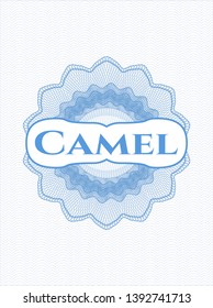 Light blue passport style rosette with text Camel inside