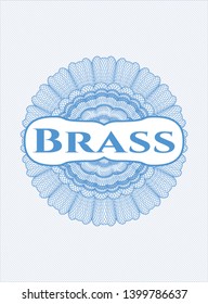 Light blue passport style rosette with text Brass inside