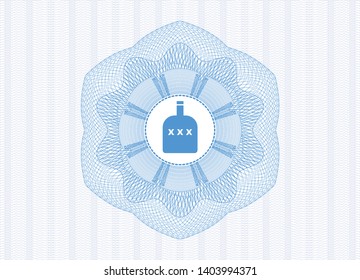 Light blue passport style rosette with bottle of alcohol icon inside