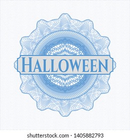 Light blue passport style rosette with text Halloween inside