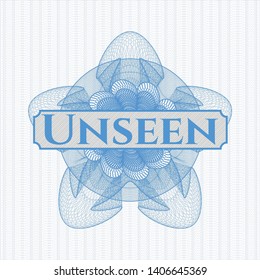 Light blue passport style rosette with text Unseen inside