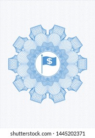 Light blue passport style rosette with flag with money symbol inside icon inside