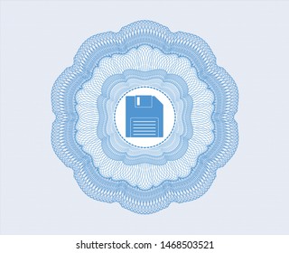 Light blue passport style rosette with diskette icon inside