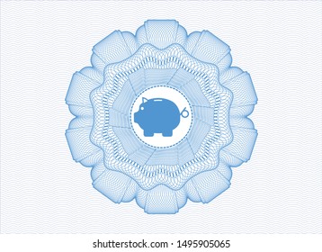Light blue passport style rosette with piggy bank icon inside