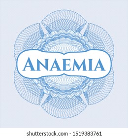 Light blue passport style rosette with text Anaemia inside