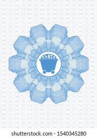Light blue passport style rosette with Bitcoin mining trolley icon inside