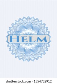 Light blue passport style rosette with text Helm inside