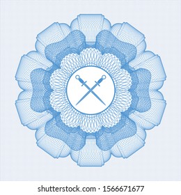 Light blue passport style rosette with crossed swords icon inside
