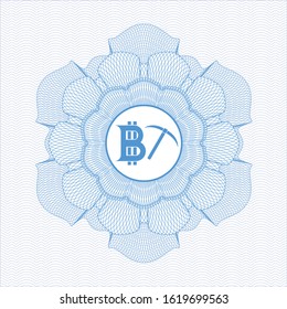 Light blue passport style rosette with bitcoin mining icon inside