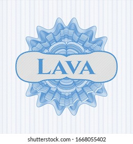 Light blue passport style rosette with text Lava inside