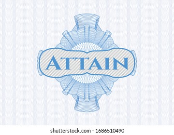 Light blue passport style rosette with text Attain inside