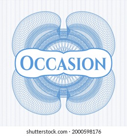 Light blue passport style rosette with text Occasion inside