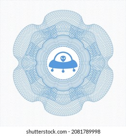Light blue passport style rosette. with ufo with aline inside icon inside