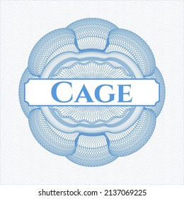 Light blue passport style rosette with text Cage inside