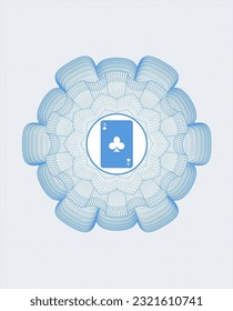 Light blue passport style rosette. with ace of clover icon inside