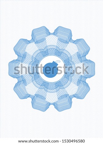 Light blue passport style rosette with bomb icon inside