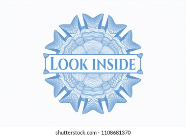 Light blue passport style rossete with text Look inside inside