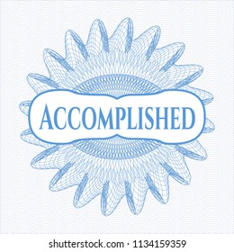 Light blue passport style rossete with text Accomplished inside