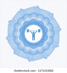 Light blue passport style rossete with weightlifting icon inside