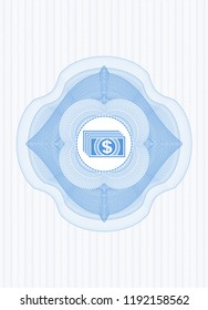 Light blue passport style rossete with money icon inside