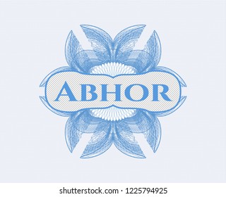 Light blue passport style rossete with text Abhor inside