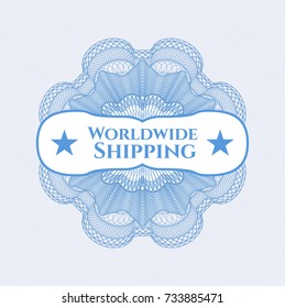 Light blue passport style rossete with text Worldwide Shipping inside