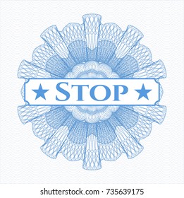 Light blue passport style rossete with text Stop inside