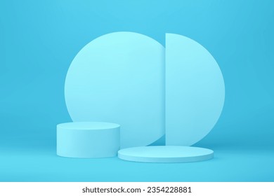 Light blue pastel 3d podium circle pedestal mock up for cosmetic product show realistic vector illustration. Trendy minimalist aesthetic showroom neutral commercial studio background promo space