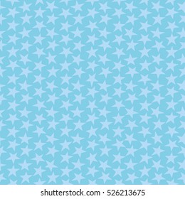 Light blue pastel festive background with stars. Monochrome, monotone, odd seamless texture. Holiday seamless pattern. Geometric, geo pattern for fabric print, wrapping paper, web design