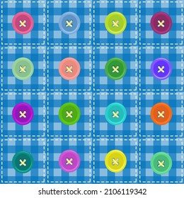 Light blue patchwork with colorful sewing button. Vector illustration.