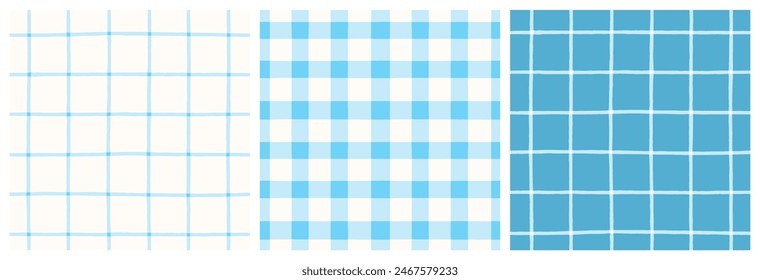 Conjunto de patrones de Vector sin costuras de cuadros y rejilla de encaje de edredón azul claro. Tablero vichy azul y blanco pastel y fondo de cuadrícula dibujado a mano, colección de repetición a cuadros vintage.